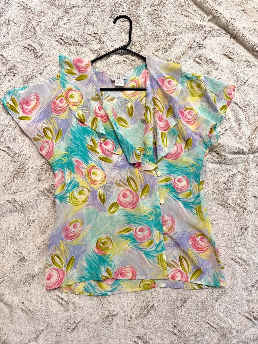 Vintage 80s George Georgiou 100% Silk Pastel Floral Ruffle Wrap Blouse Size 8